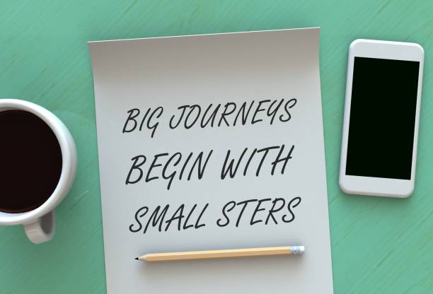istock Big Journeys Begin With Small Steps, message on paper, smart phone and coffee on table, 3D rendering 688900322