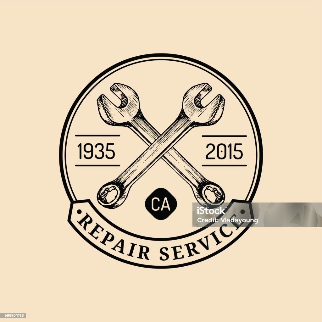 Vector vintage motorcycle repair icon. Retro garage label with hand sketched wrenches. Custom chopper store emblem. Vector vintage motorcycle repair icon. Retro garage label with hand sketched wrenches. Custom chopper store emblem. Biker club sign. Badge stock vector