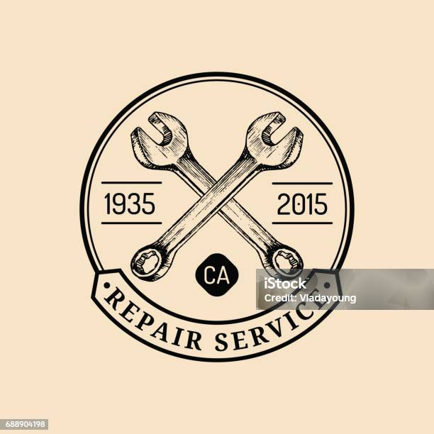 Vector Vintage Motorcycle Repair Icon Retro Garage Label With Hand Sketched Wrenches Custom Chopper Store Emblem Stock Illustration - Download Image Now