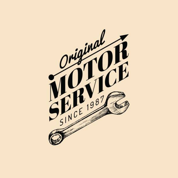 Vector vintage motorcycle repair icon. Retro garage label with hand sketched wrench. Custom chopper store emblem. Vector vintage motorcycle repair icon. Retro garage label with hand sketched wrench. Custom chopper store emblem. Biker club sign. cafe racer stock illustrations