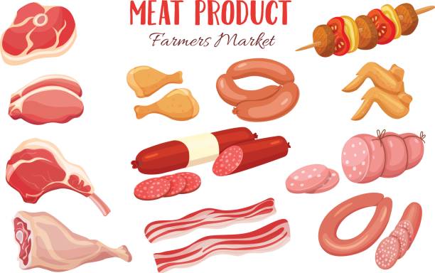 stockillustraties, clipart, cartoons en iconen met gastronomische vleesproducten in cartoon stijl - rookworst