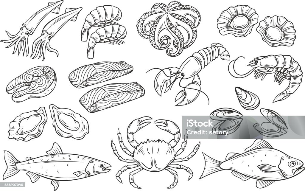 Hand drawn Seafood set Hand drawn Seafood set. Decorative icons Squid, Octopus, salmon, oysters, scallops, lobster, red perch ,crab, shellfish and mussels. Vector illustration in old ink style Seafood stock vector