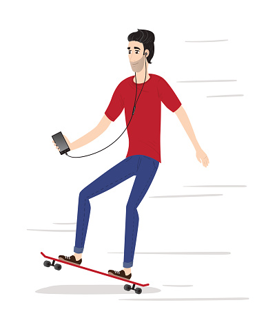 Hipster character on longboard. Isolated vector illustration.