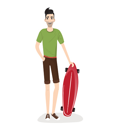 Hipster character on longboard. Isolated vector illustration.