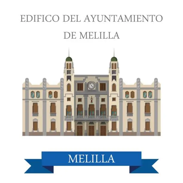 Vector illustration of Edificio del Ayuntamiento de Melilla. Flat cartoon style historic sight showplace attraction web site vector illustration. World countries cities vacation travel sightseeing Africa collection.