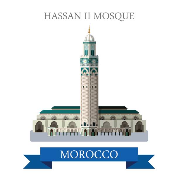 illustrazioni stock, clip art, cartoni animati e icone di tendenza di moschea hassan ii in marocco. flat cartoon stile spettacolo storico spettacolo attrazione sito web illustrazione vettoriale. paesi del mondo città viaggi vacanza visite turistiche africa collezione. - moschea hassan ii