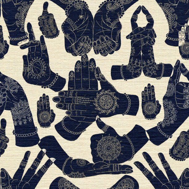 ブルー テクスチャ背景に手ムドラとシームレスな背景 - hinduism henna tattoo tattoo human hand点のイラスト素材／クリップアート素材／マンガ素材／アイコン素材