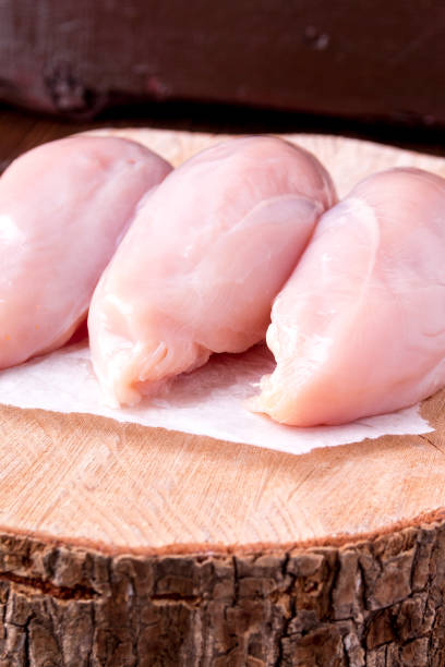 istock Raw chicken fillet on wooden background. Close up 688911350