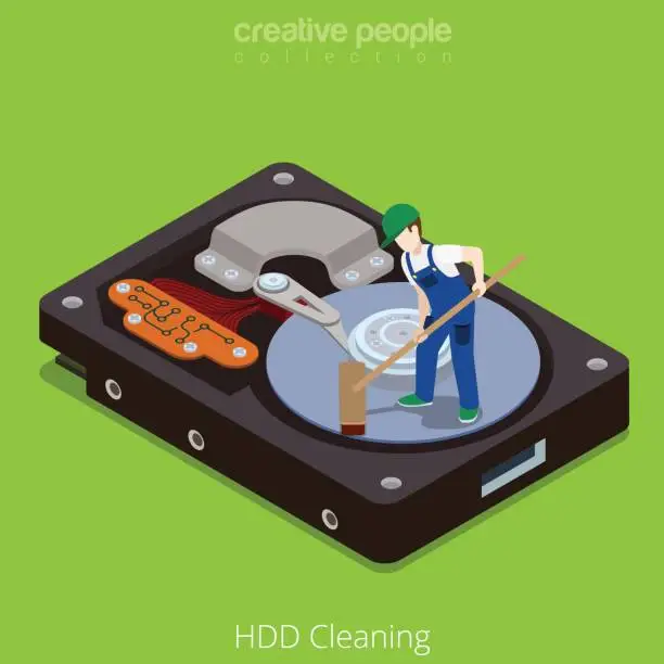 Vector illustration of HDD Cleaning Wipe process. Flat 3d isometric isometry style technology computer hardware concept vector illustration. Micro cartoon men big hard disk drive open clean plate. Creative people collection