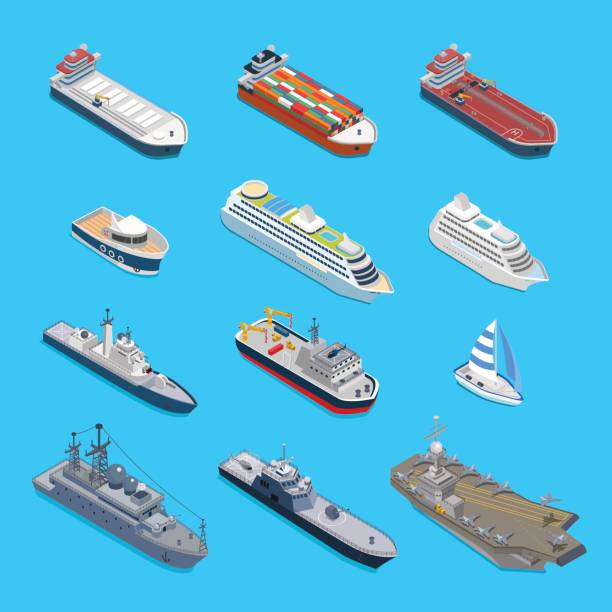 ilustraciones, imágenes clip art, dibujos animados e iconos de stock de isométrico 12 nave web detallado conjunto de iconos de vector. plano 3d isometría náutica naval civil militar transporte la colección de viaje. cisterna de carga crucero buque portaaviones crucero guardacostas barco yate. - portaaviones