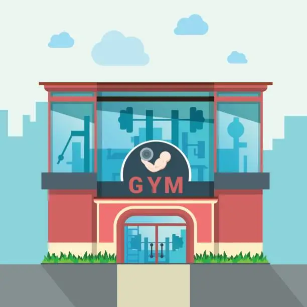 Vector illustration of Gym building exterior outdoor front view facade showcase window concept. Flat style web site vector illustration. No people. Sports exercise conceptual.