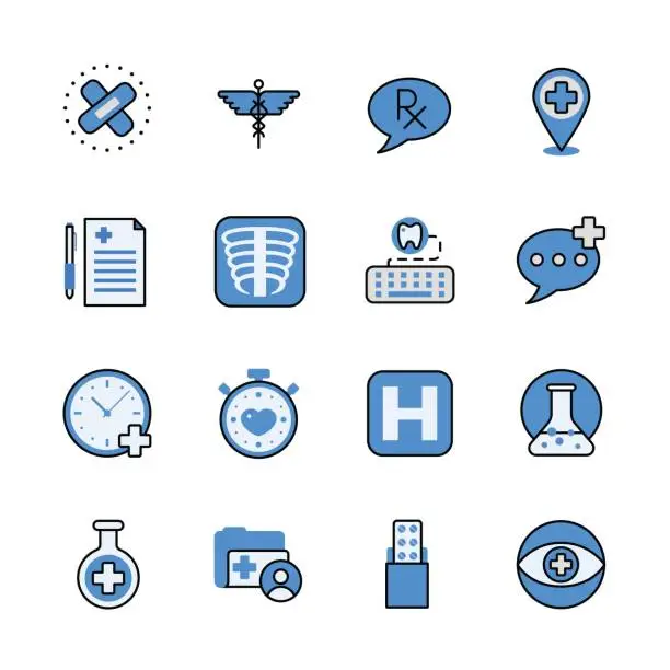 Vector illustration of Pharmaceutical industry lineart flat vector icon set. Web site interface elements color line art mobile app application objects. Line-art pharmacy icons collection.