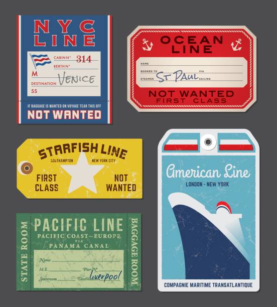 ilustrações, clipart, desenhos animados e ícones de rótulos e etiquetas de bagagem steamship vintage - suitcase travel luggage label
