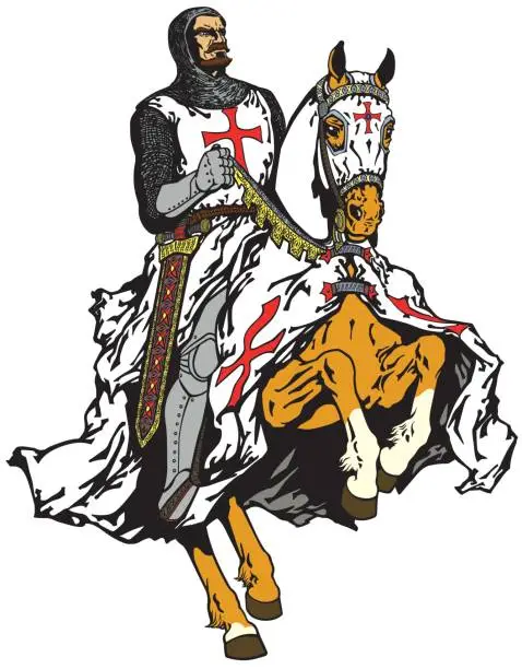 Vector illustration of knight of Templar order on a horse