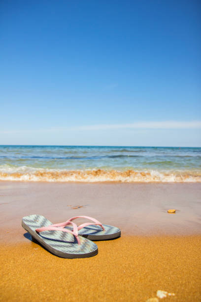 istock Slippers on yellow sand beach background 688928224