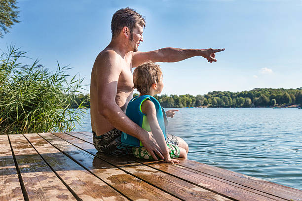 istock Father Pointing While Sitting With Son On Wet Pier Over Lake Against Sky 688932265