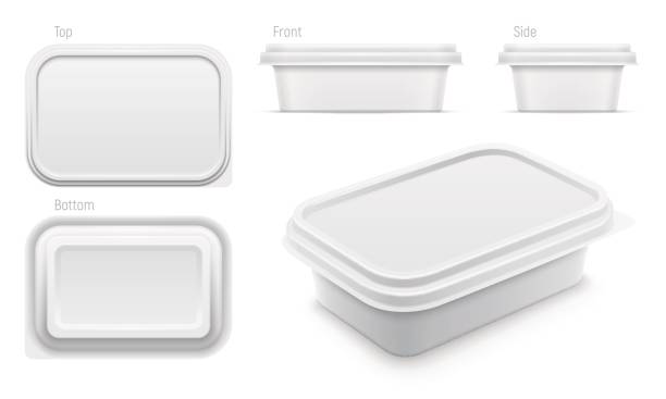 Vector white container for butter, melted cheese or margarine spread. Packaging template illustration. Vector white container for butter, melted cheese or margarine spread. Top, bottom, front, side and perspective views isolated over the white background. Packaging template illustration. container stock illustrations