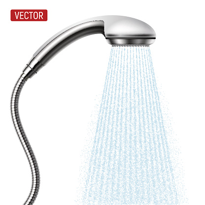 Vector Shower head with water drops flowing isolated over a white background. Realistic illustration.