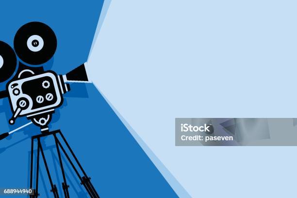 Blue Background With Old Fashioned Movie Camera Stock Illustration - Download Image Now - Backgrounds, Movie Camera, Movie