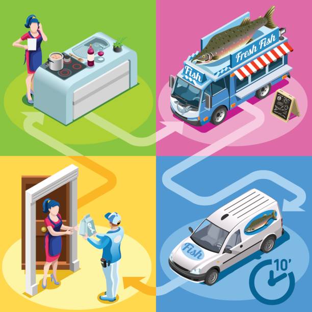 illustrazioni stock, clip art, cartoni animati e icone di tendenza di food truck fish shop consegna a domicilio vettore persone isometriche - truck transportation fish industry