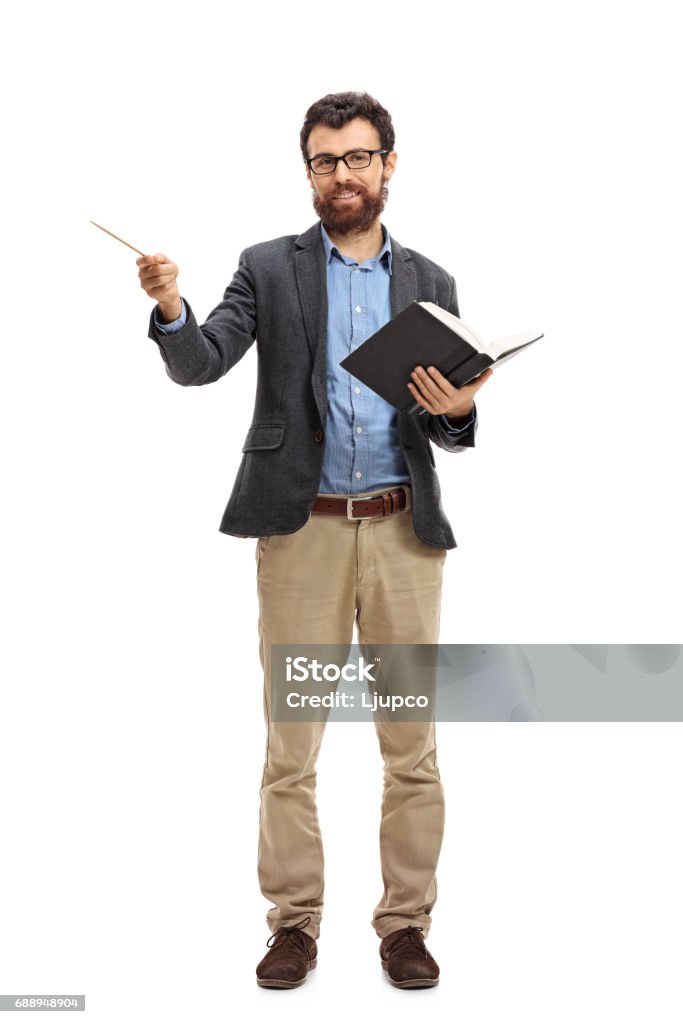 Professor with a wooden stick and a book Full length portrait of a professor with a wooden stick and a book isolated on white background Teacher Stock Photo