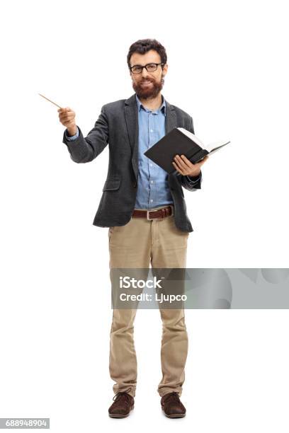 Professor With A Wooden Stick And A Book Stock Photo - Download Image Now - Teacher, White Background, Professor