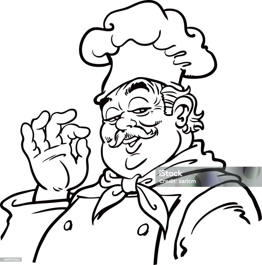 cook black and white drawing of a cook Chef stock vector
