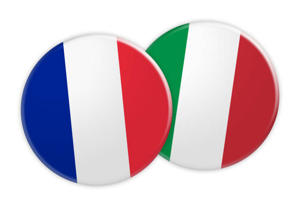 aktuelles konzept: frankreich flagge auf italien flagge taste, 3d illustration auf weißem hintergrund - france germany flag white background stock-grafiken, -clipart, -cartoons und -symbole