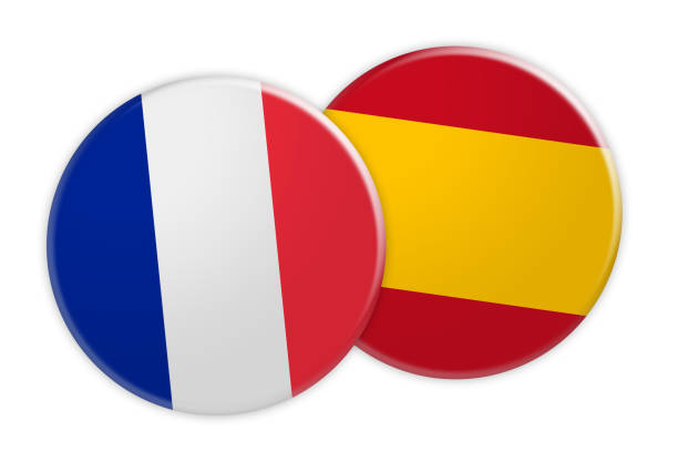 aktuelles konzept: frankreich flagge auf spanien flagge taste, 3d illustration auf weißem hintergrund - france germany flag white background stock-grafiken, -clipart, -cartoons und -symbole