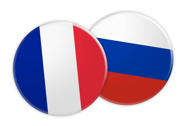 aktuelles konzept: frankreich flagge auf russland flagge taste, 3d illustration auf weißem hintergrund - france germany flag white background stock-grafiken, -clipart, -cartoons und -symbole