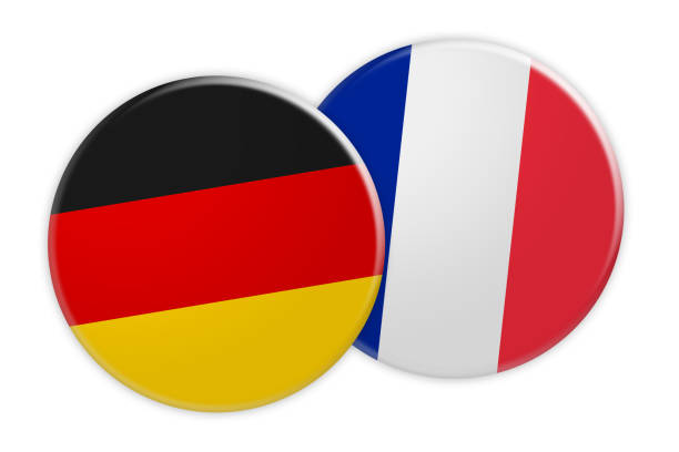 illustrazioni stock, clip art, cartoni animati e icone di tendenza di concetto di notizie: pulsante bandiera germania sul pulsante bandiera francia, illustrazione 3d su sfondo bianco - france germany flag white background