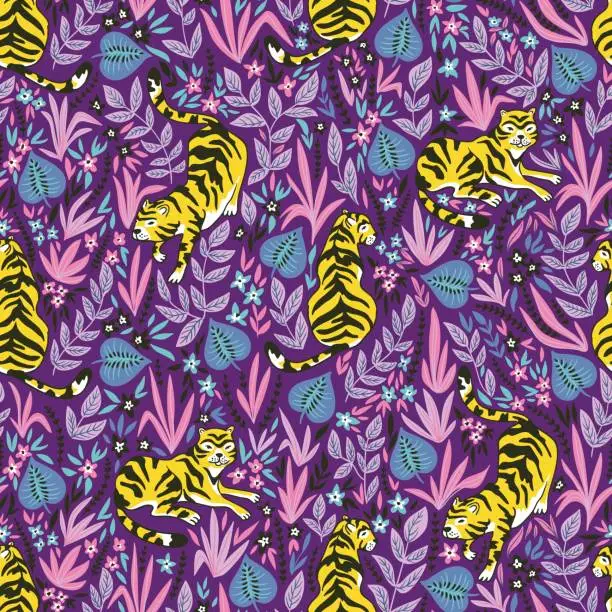 Vector illustration of Vector seamless pattern with tigers in the jungle. Tropical background for fabric or wallpaper boho design.