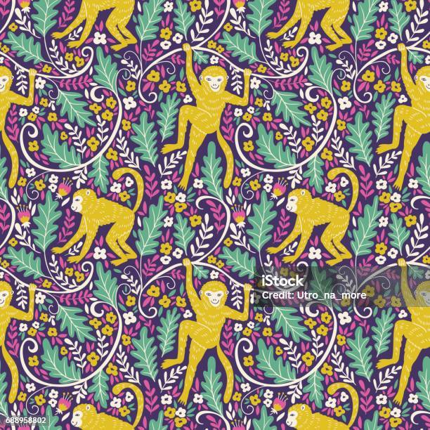 Set Of Funny Monkeys In Different Poses In The Jungle Vector Hand Drawn Tropical Illustration Seamless Pattern For Your Animal Fabric Design Stock Illustration - Download Image Now