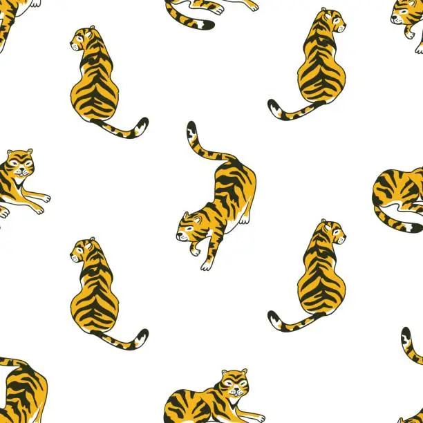 Vector illustration of Vector seamless pattern with tigers isolated on the white background. Animal background for fabric or wallpaper boho design.