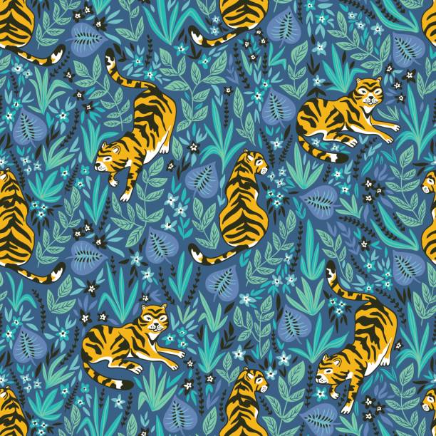Vector seamless pattern with tigers in the jungle. Tropical background for fabric or wallpaper boho design. Vector seamless pattern with tigers in the jungle. Tropical background for fabric or wallpaper boho design. czech lion stock illustrations