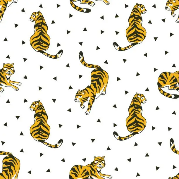 Vector illustration of Vector seamless pattern with tigers and triangles isolated on the white background. Animal  background for fabric or wallpaper boho design.