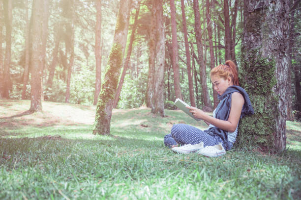 istock Woman relaxing reading in park. holiday 688963158