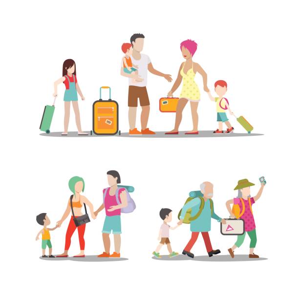 istock Family vacation set. Man woman children going have fun interesting holidays illustration. Travelling tourism life style collection. 688963636