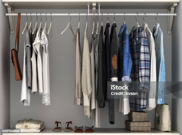 Wardrobe Builtin Wall With Clothes 3d Render Stock Photo - Download Image Now - Closet, Clothing, Coathanger