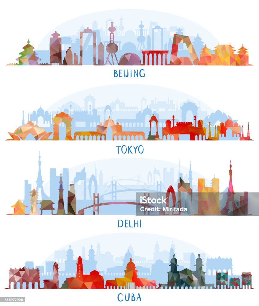 Skyline silhouette set (Beijing, Tokyo, New Delhi, Cuba) Vector illustration of Skyline detailed silhouette set (Beijing, Tokyo, New Delhi, Cuba) Cuba stock vector