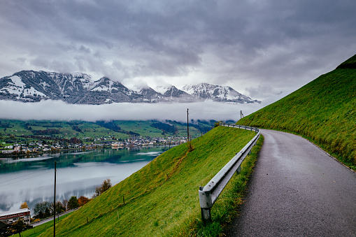 Davos, Switzerland, March 23, 2022 View over the snow covered winter landscape and the majestic alps on a sunny day