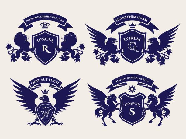 heraldric 王室紋章のロゴを設定 - mythology medieval griffin coat of arms点のイラスト素材／クリップアート素材／マンガ素材／アイコン素材