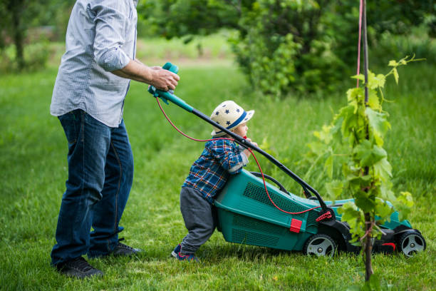 istock Mowing the lawn in team 688987826