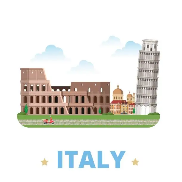 Vector illustration of Italy country design template. Flat cartoon style historic sight showplace web vector illustration. World vacation travel Europe European collection. Leaning Tower of Pisa Venice Colosseum in Rome.