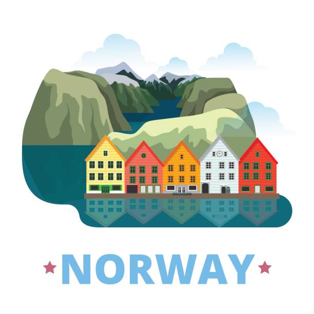 norwegen-land-magnet-design-vorlage. flache cartoon stil historischen anblick schauplatz website vektor-illustration. urlaub reisen sightseeing europa europäische sammlung. preikestolen bryggen. - norwegen häuser stock-grafiken, -clipart, -cartoons und -symbole