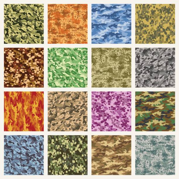 Military and marine uniform camouflage patterns Military and marine uniform camouflage patterns. Vector army combat camo seamless fabric pattern set camo background stock illustrations