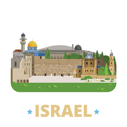 Israel country design template. Flat cartoon style historic showplace web site vector illustration. World travel sightseeing Asia Asian collection. Jerusalem Old City Zion Al-Aqsa Mosque Wall of Tears