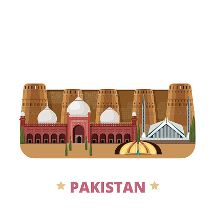 Pakistan country design template. Flat cartoon style historic sight showplace web site vector illustration. World travel Asia Asian collection. Pakistan Monument Faisal Badshahi Mosque Derawar Fort.