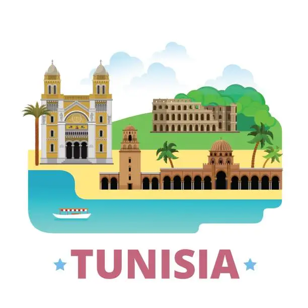 Vector illustration of Tunisia country flat cartoon style historic sight showplace web site vector illustration. World vacation travel Asia collection. Amphitheatre El Jem Great Mosque Kairouan Cathedral St Vincent de Paul.