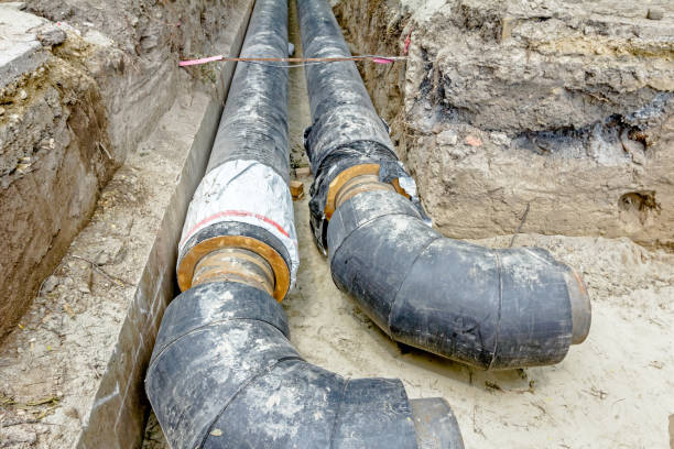 istock Isolated pipeline placed in trench 689014566
